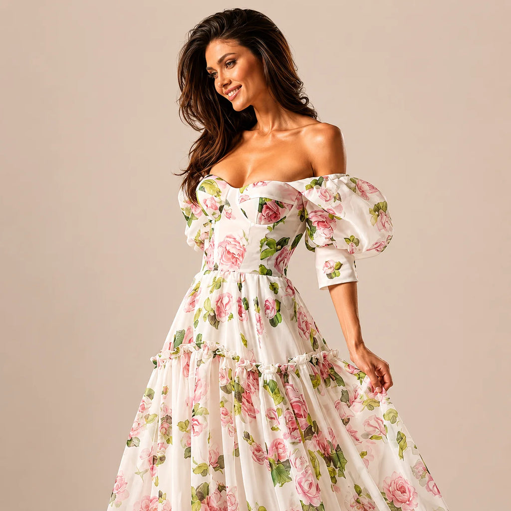 Floral off-shoulder evening dress
