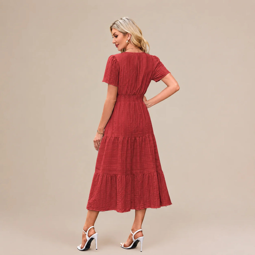 Casual Maxi Dress Lightweight Short Sleeve V Neck Boho Dress with Pockets
