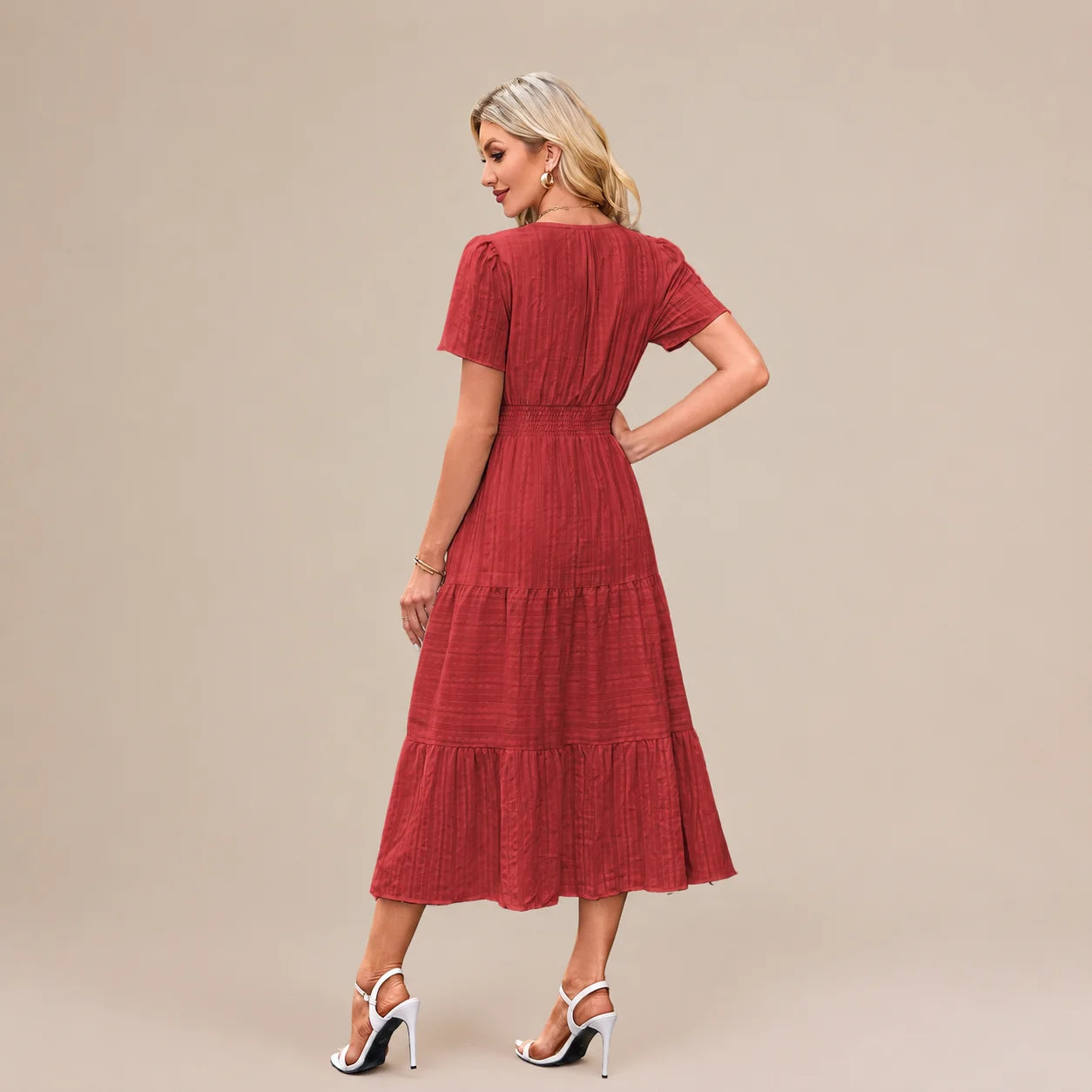 Casual Maxi Dress Lightweight Short Sleeve V Neck Boho Dress with Pockets