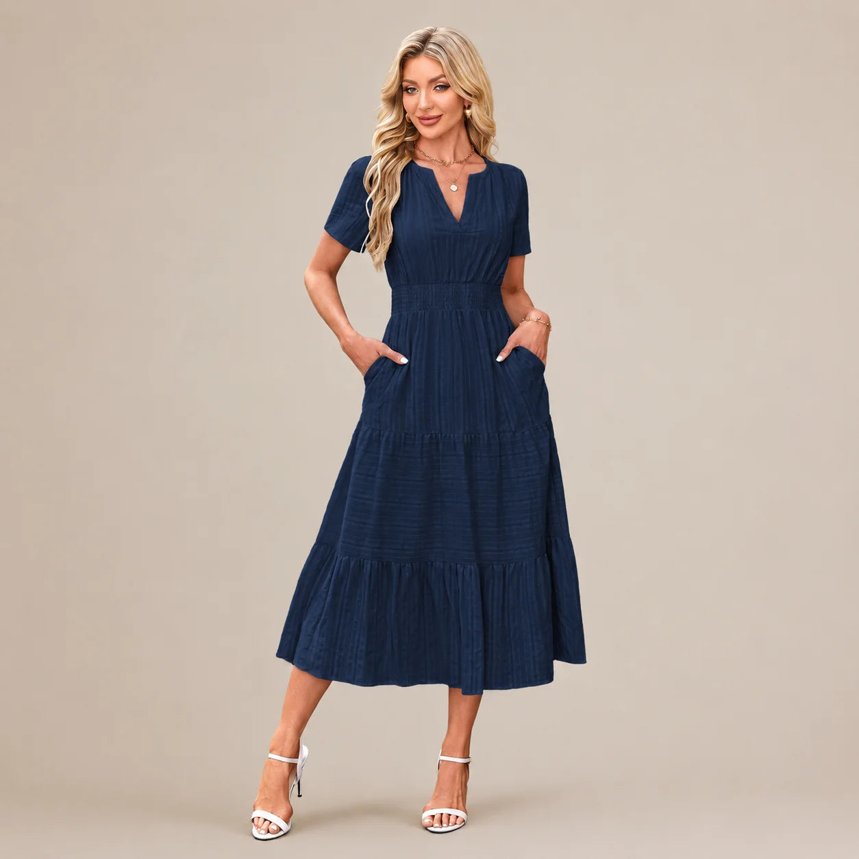 Casual Maxi Dress Lightweight Short Sleeve V Neck Boho Dress with Pockets