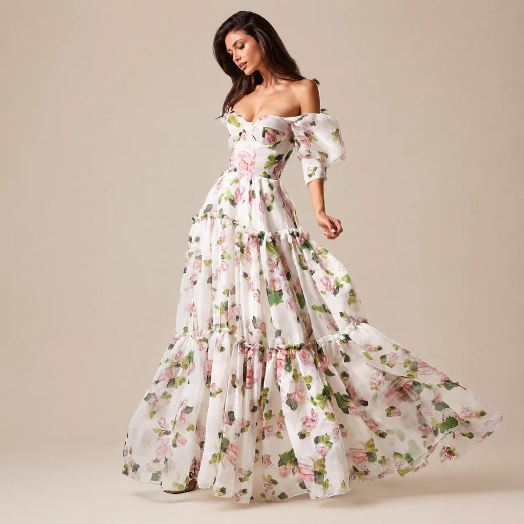 Floral off-shoulder evening dress