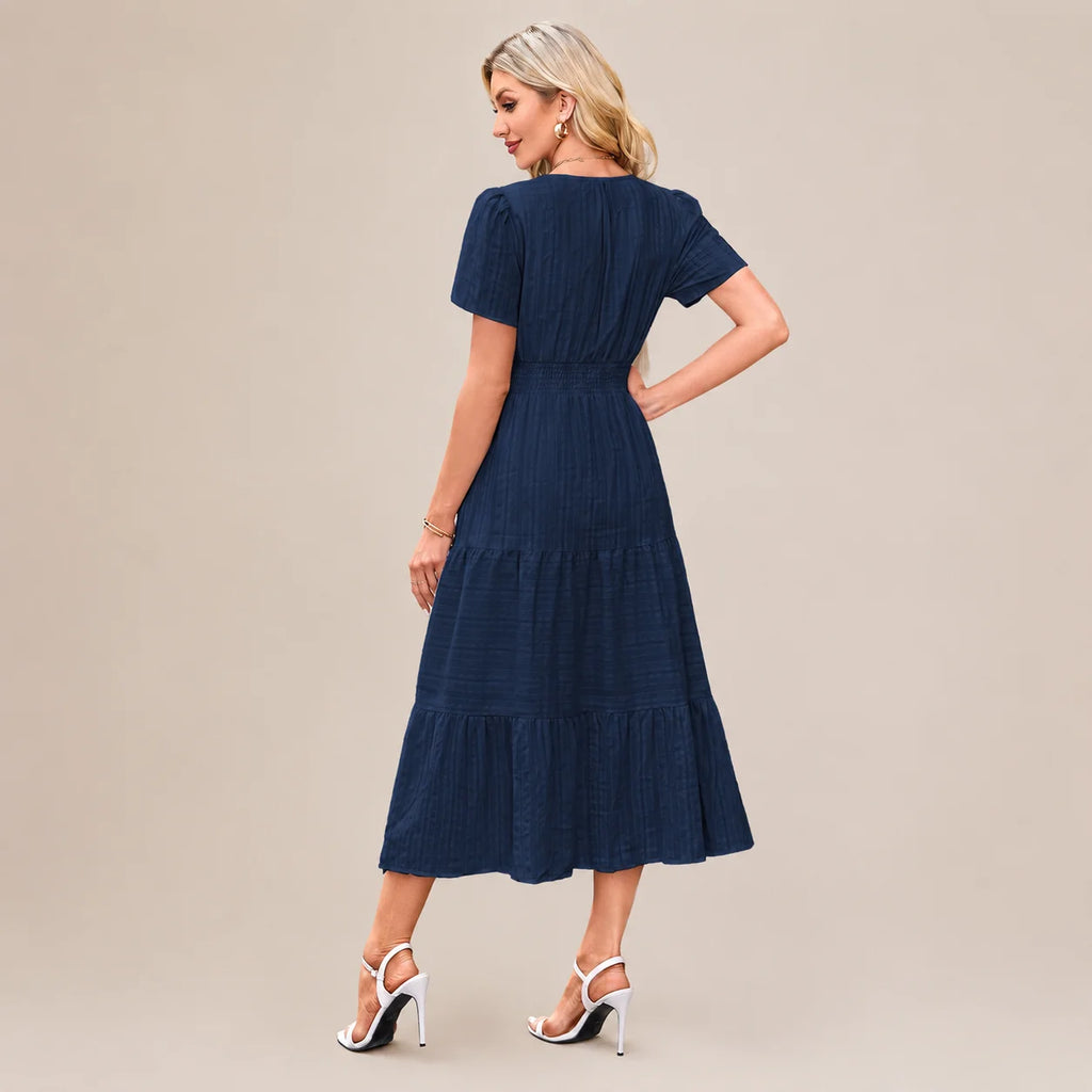 Casual Maxi Dress Lightweight Short Sleeve V Neck Boho Dress with Pockets