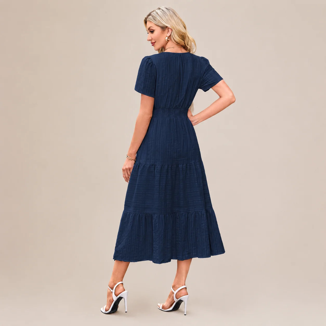 Casual Maxi Dress Lightweight Short Sleeve V Neck Boho Dress with Pockets