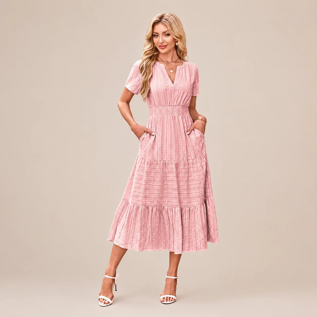 Casual Maxi Dress Lightweight Short Sleeve V Neck Boho Dress with Pockets