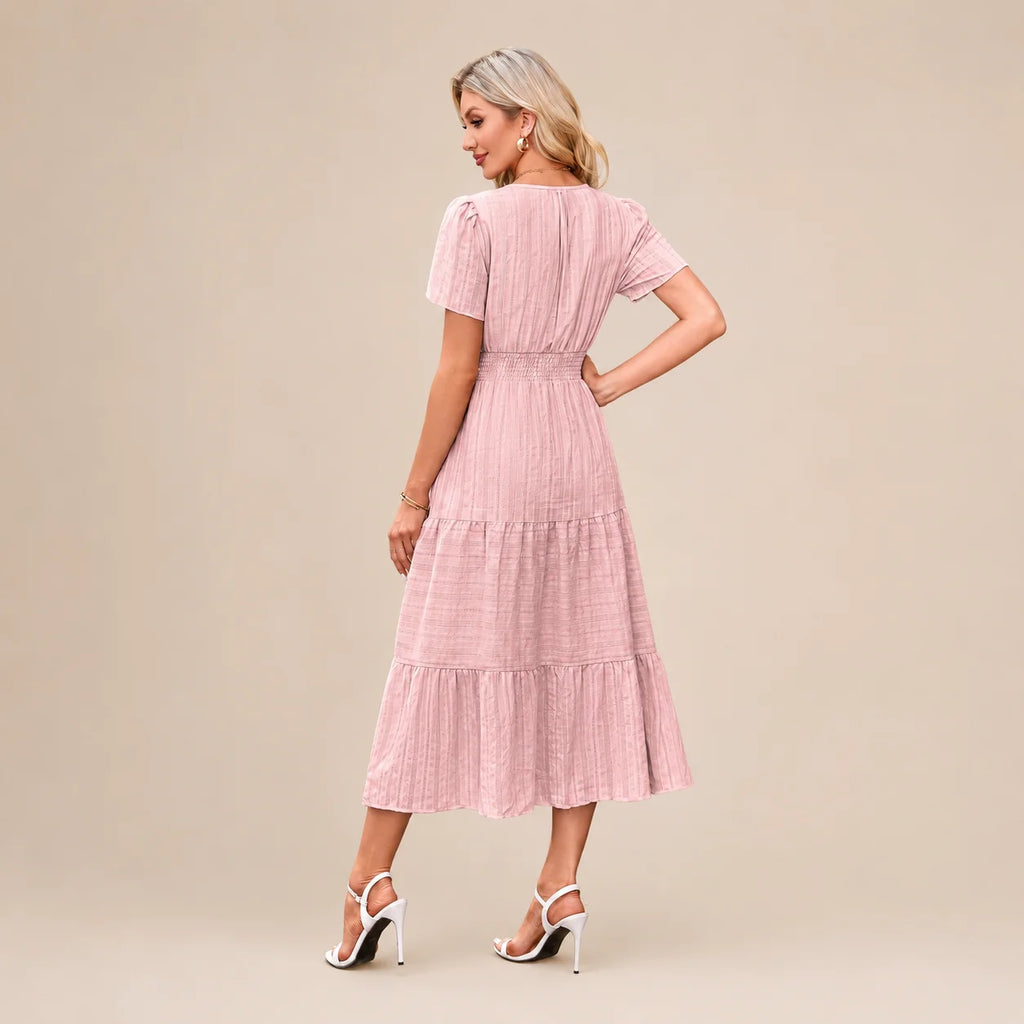 Casual Maxi Dress Lightweight Short Sleeve V Neck Boho Dress with Pockets
