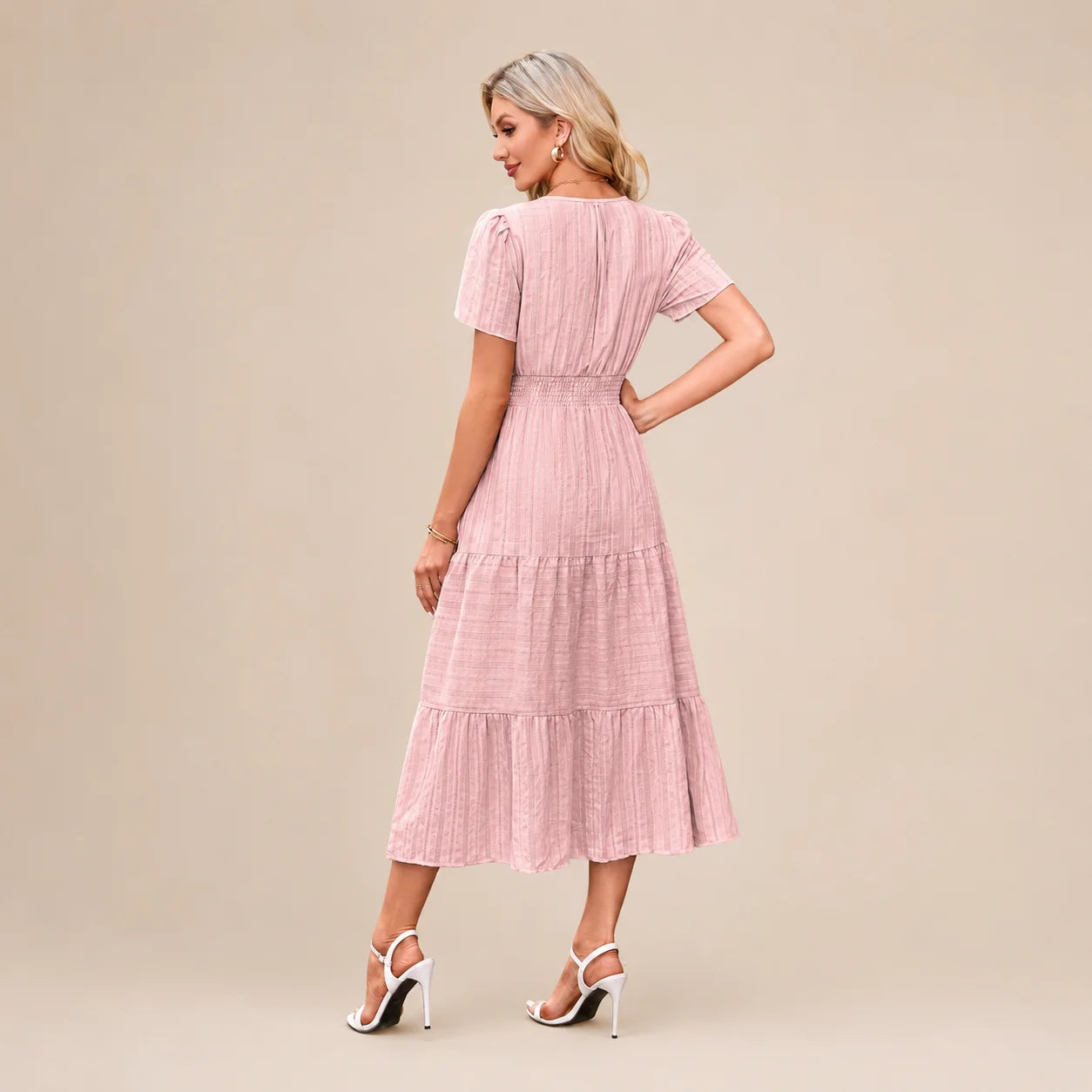 Casual Maxi Dress Lightweight Short Sleeve V Neck Boho Dress with Pockets
