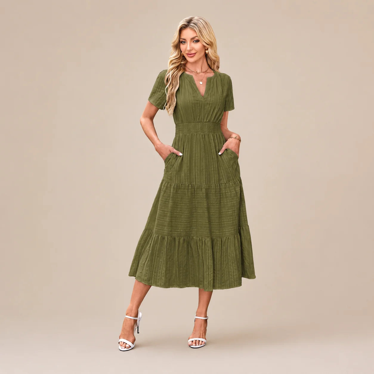 Casual Maxi Dress Lightweight Short Sleeve V Neck Boho Dress with Pockets