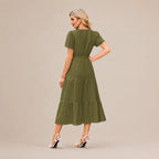 Casual Maxi Dress Lightweight Short Sleeve V Neck Boho Dress with Pockets