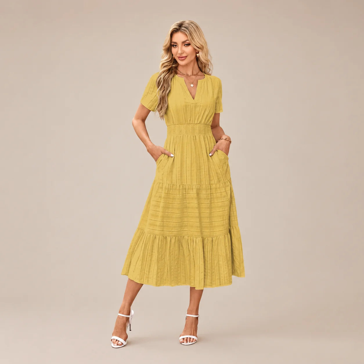 Casual Maxi Dress Lightweight Short Sleeve V Neck Boho Dress with Pockets