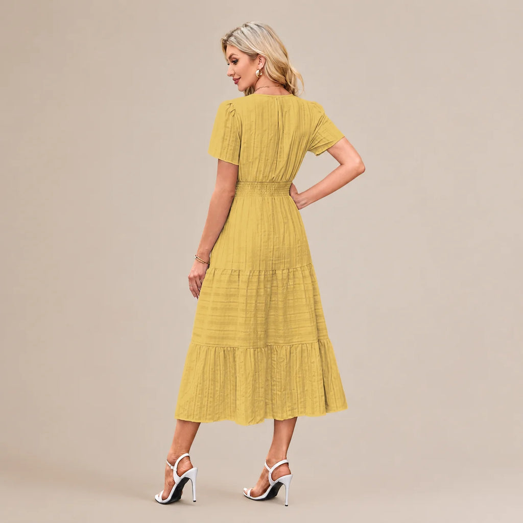 Casual Maxi Dress Lightweight Short Sleeve V Neck Boho Dress with Pockets