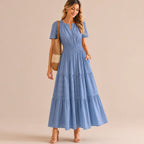 Casual Maxi Dress Lightweight Short Sleeve V Neck Boho Dress with Pockets