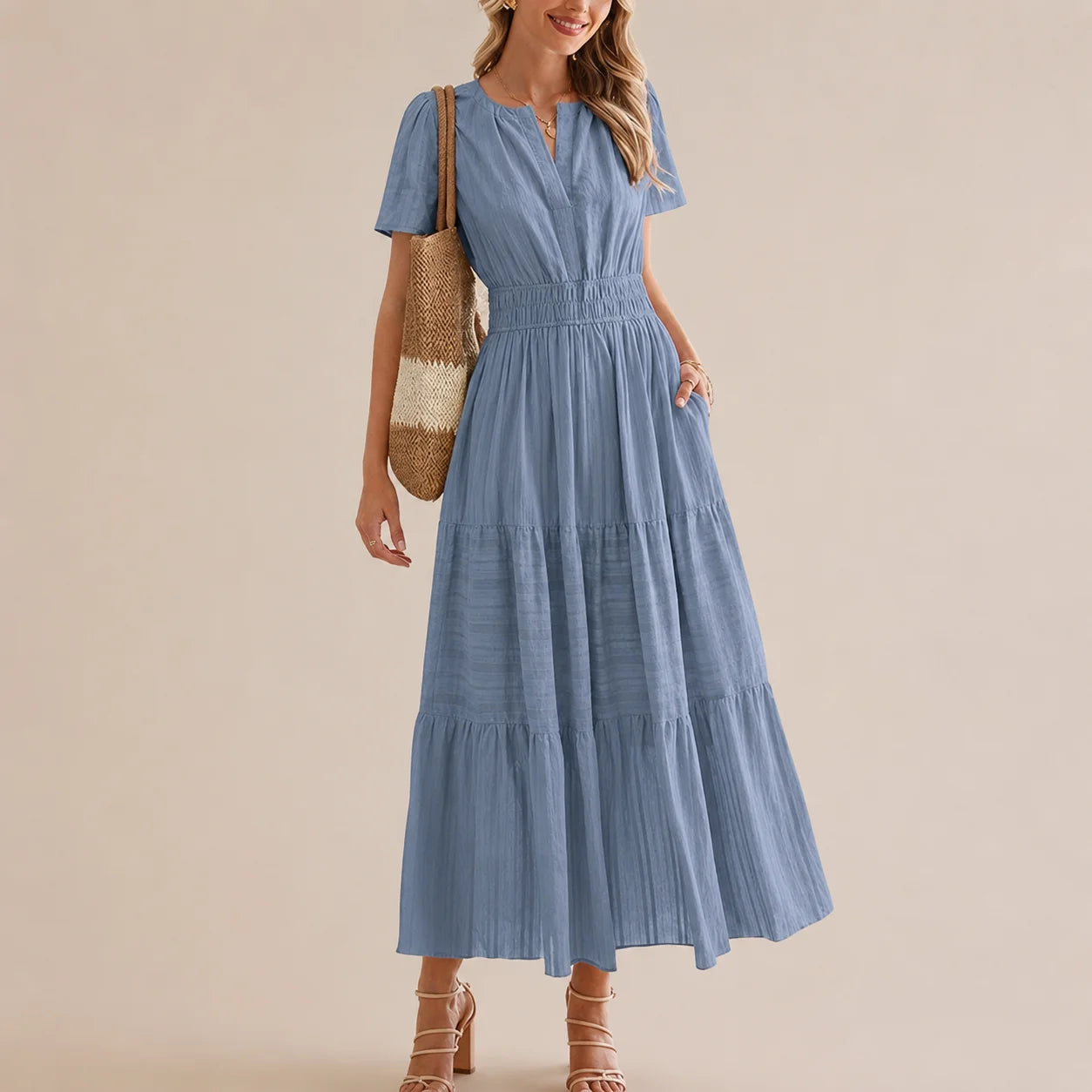 Casual Maxi Dress Lightweight Short Sleeve V Neck Boho Dress with Pockets