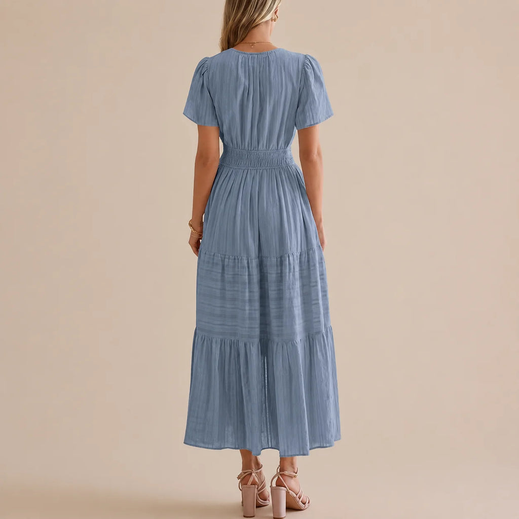 Casual Maxi Dress Lightweight Short Sleeve V Neck Boho Dress with Pockets