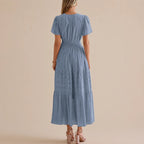 Casual Maxi Dress Lightweight Short Sleeve V Neck Boho Dress with Pockets