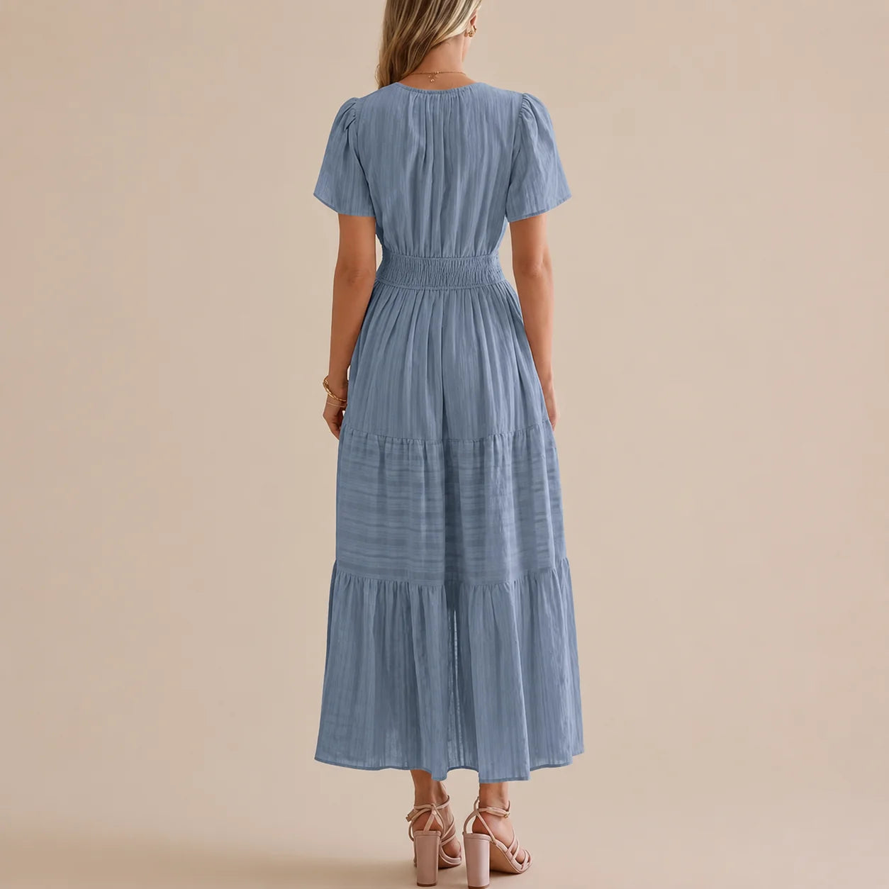 Casual Maxi Dress Lightweight Short Sleeve V Neck Boho Dress with Pockets