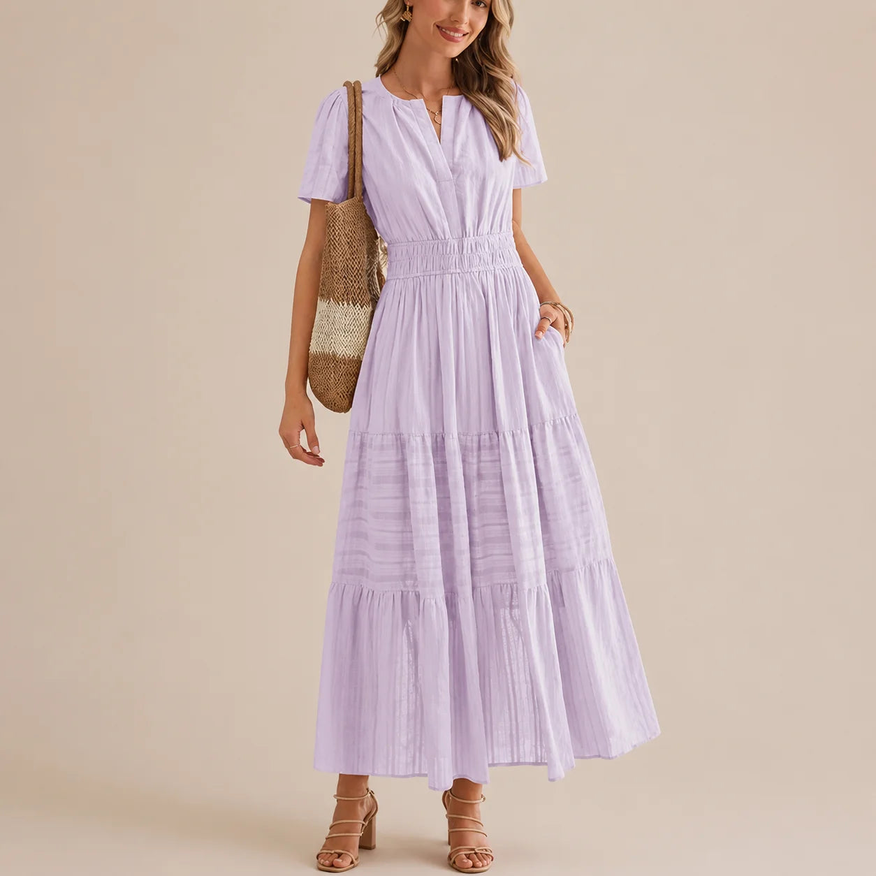 Casual Maxi Dress Lightweight Short Sleeve V Neck Boho Dress with Pockets