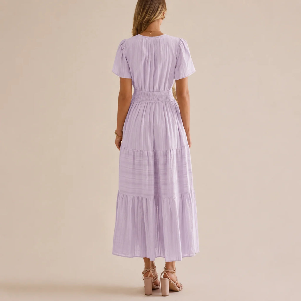 Casual Maxi Dress Lightweight Short Sleeve V Neck Boho Dress with Pockets