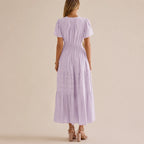 Casual Maxi Dress Lightweight Short Sleeve V Neck Boho Dress with Pockets