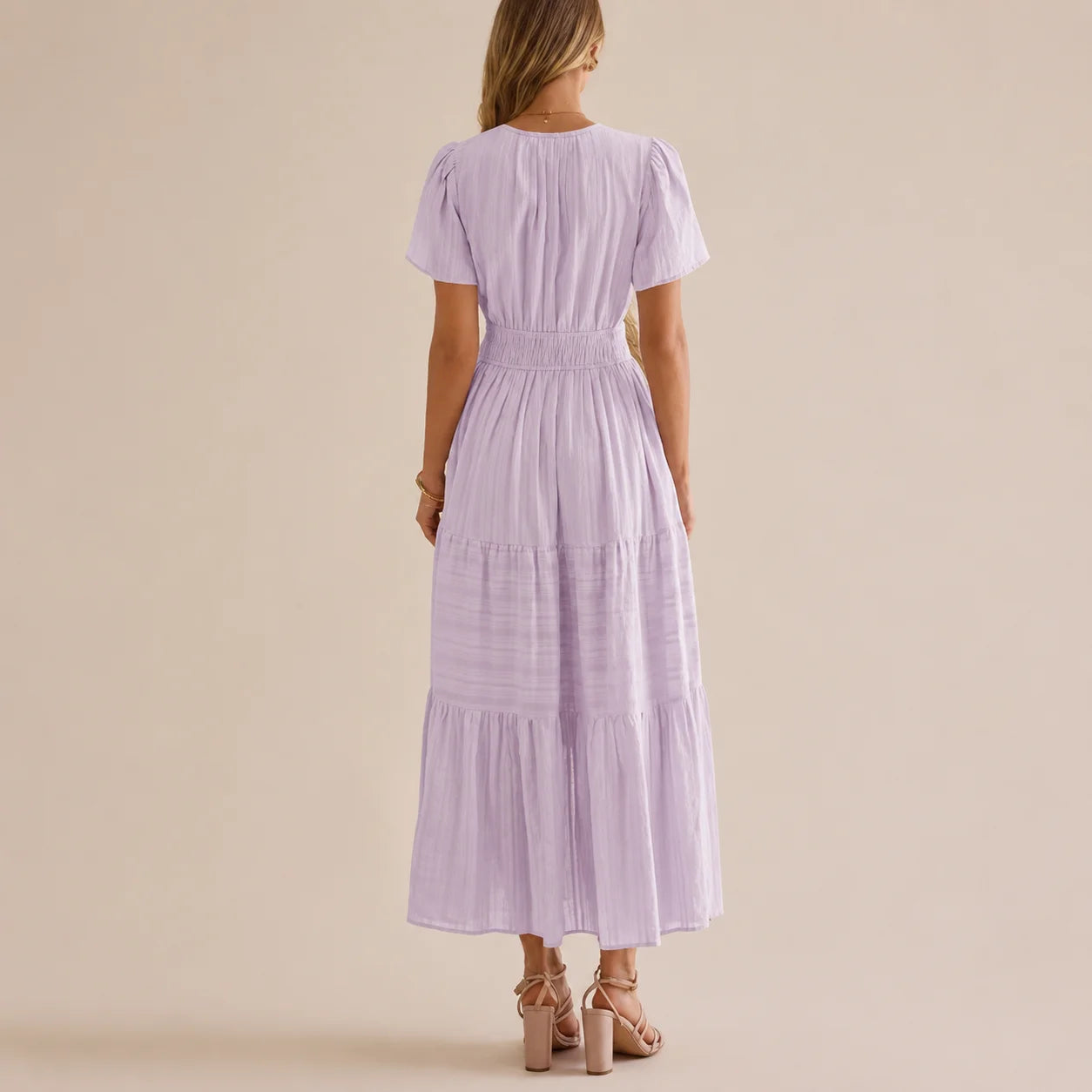 Casual Maxi Dress Lightweight Short Sleeve V Neck Boho Dress with Pockets