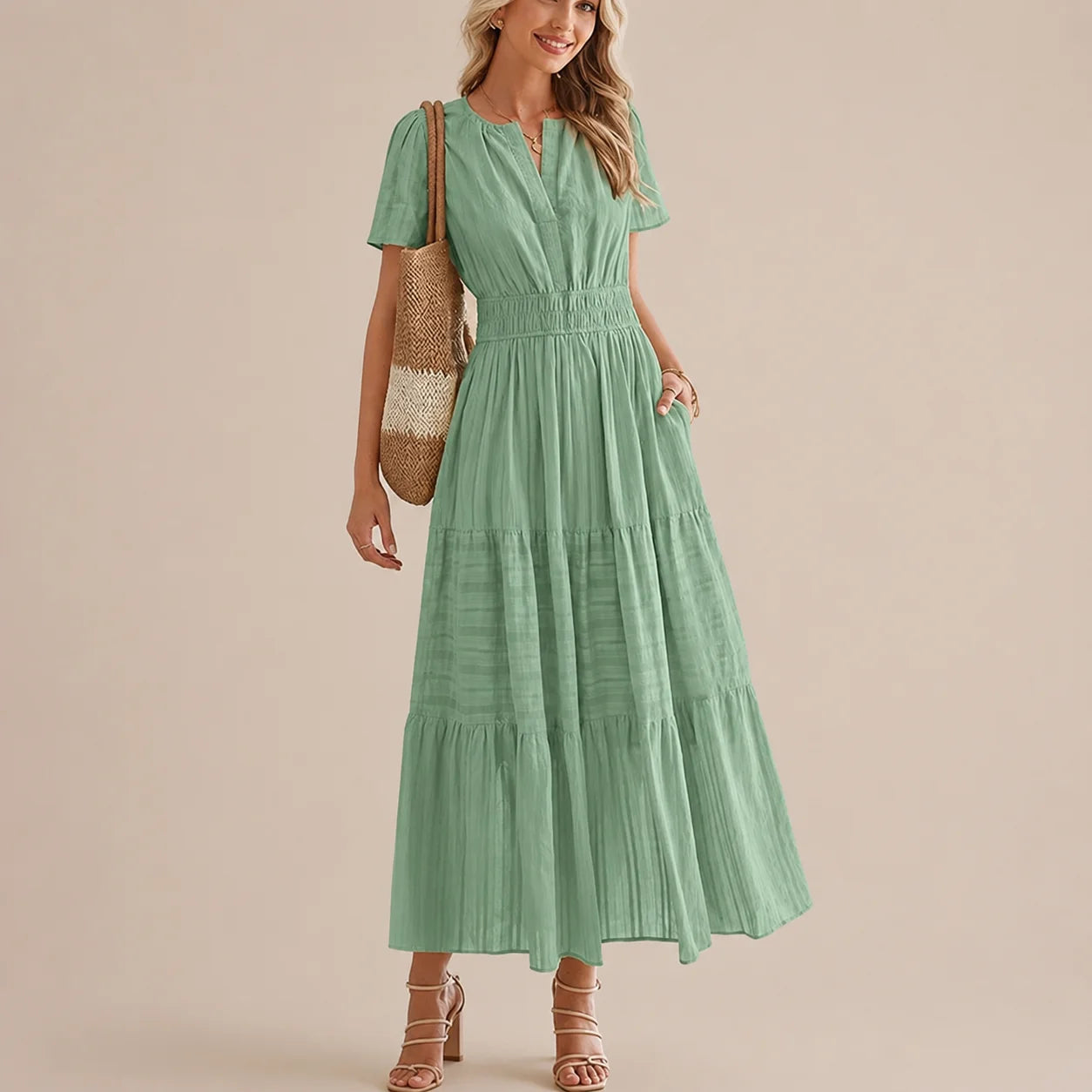 Casual Maxi Dress Lightweight Short Sleeve V Neck Boho Dress with Pockets