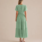 Casual Maxi Dress Lightweight Short Sleeve V Neck Boho Dress with Pockets