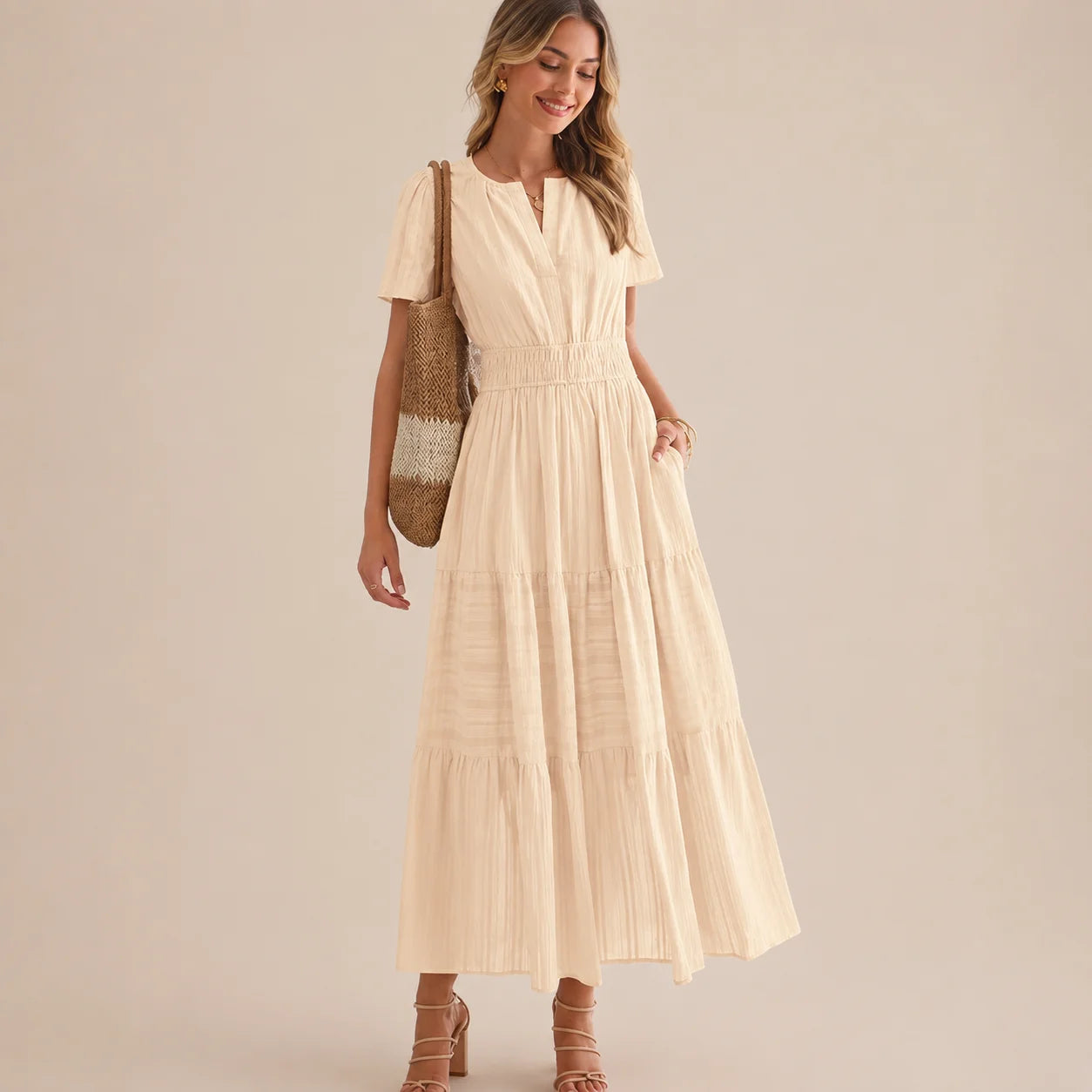 Casual Maxi Dress Lightweight Short Sleeve V Neck Boho Dress with Pockets