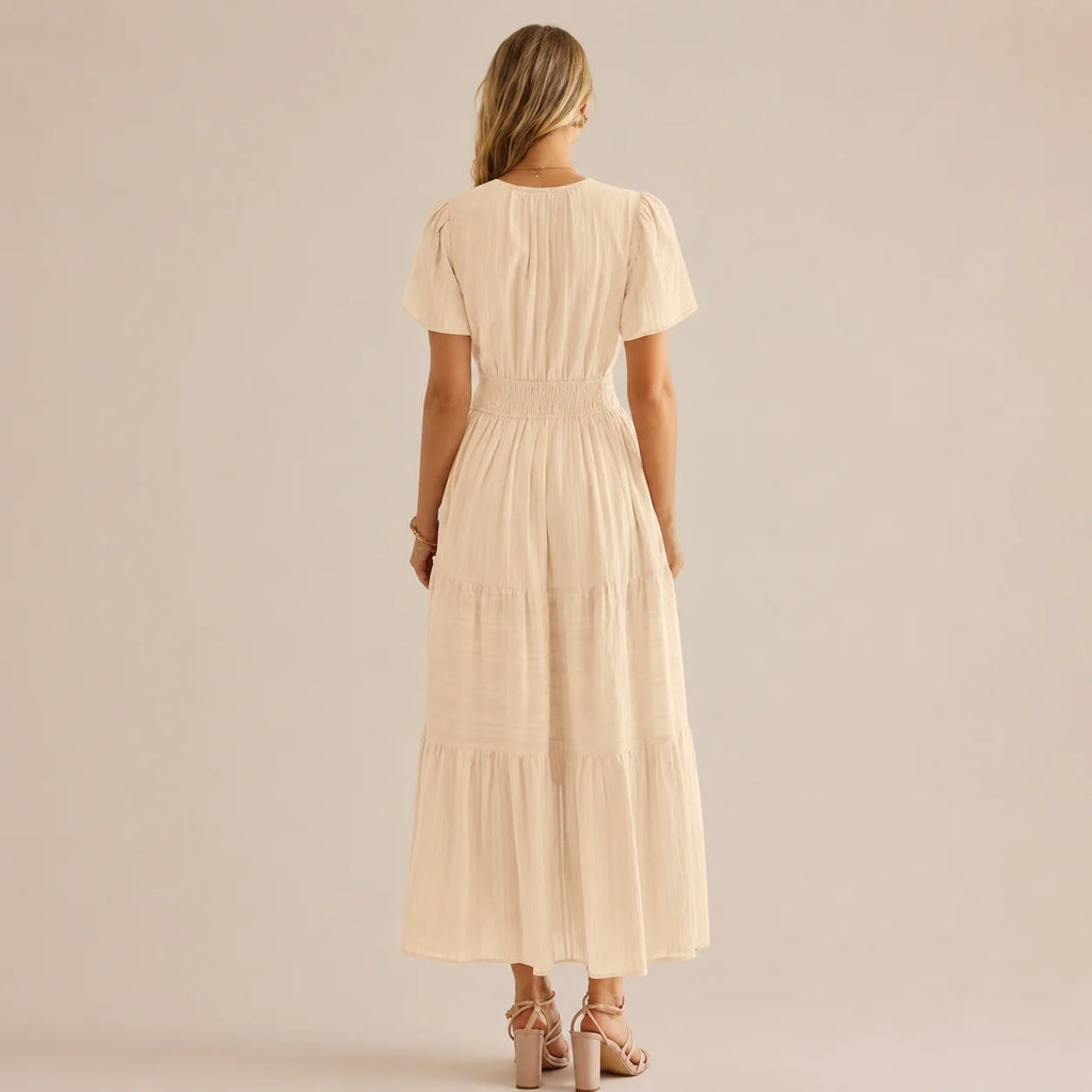 Casual Maxi Dress Lightweight Short Sleeve V Neck Boho Dress with Pockets