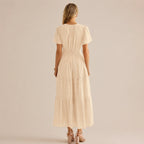 Casual Maxi Dress Lightweight Short Sleeve V Neck Boho Dress with Pockets