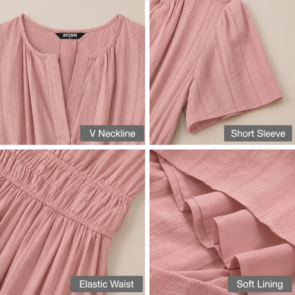 Casual Maxi Dress Lightweight Short Sleeve V Neck Boho Dress with Pockets