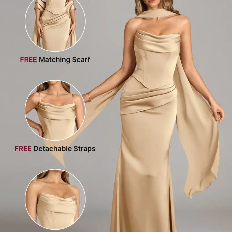 Satin Choker Neck Mermaid Gown – Asymmetric Draped Sleeve Formal Dress | Oyese