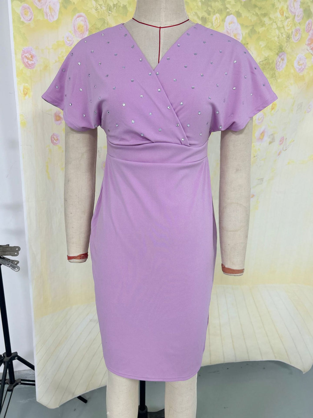 Pearl Embellished V Neck Midi Dress – Flutter Sleeve Bodycon Occasion Dress | Oyese