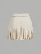 High-Waist Faux Suede Fringe Mini Skirt with Studs | Oyese