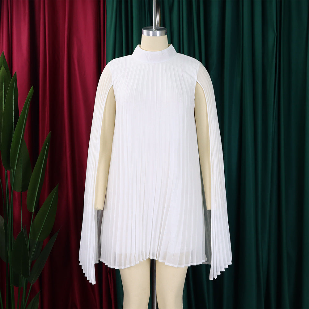 Mock Neck Pleated Chiffon Cape Shift Dress | Oyese