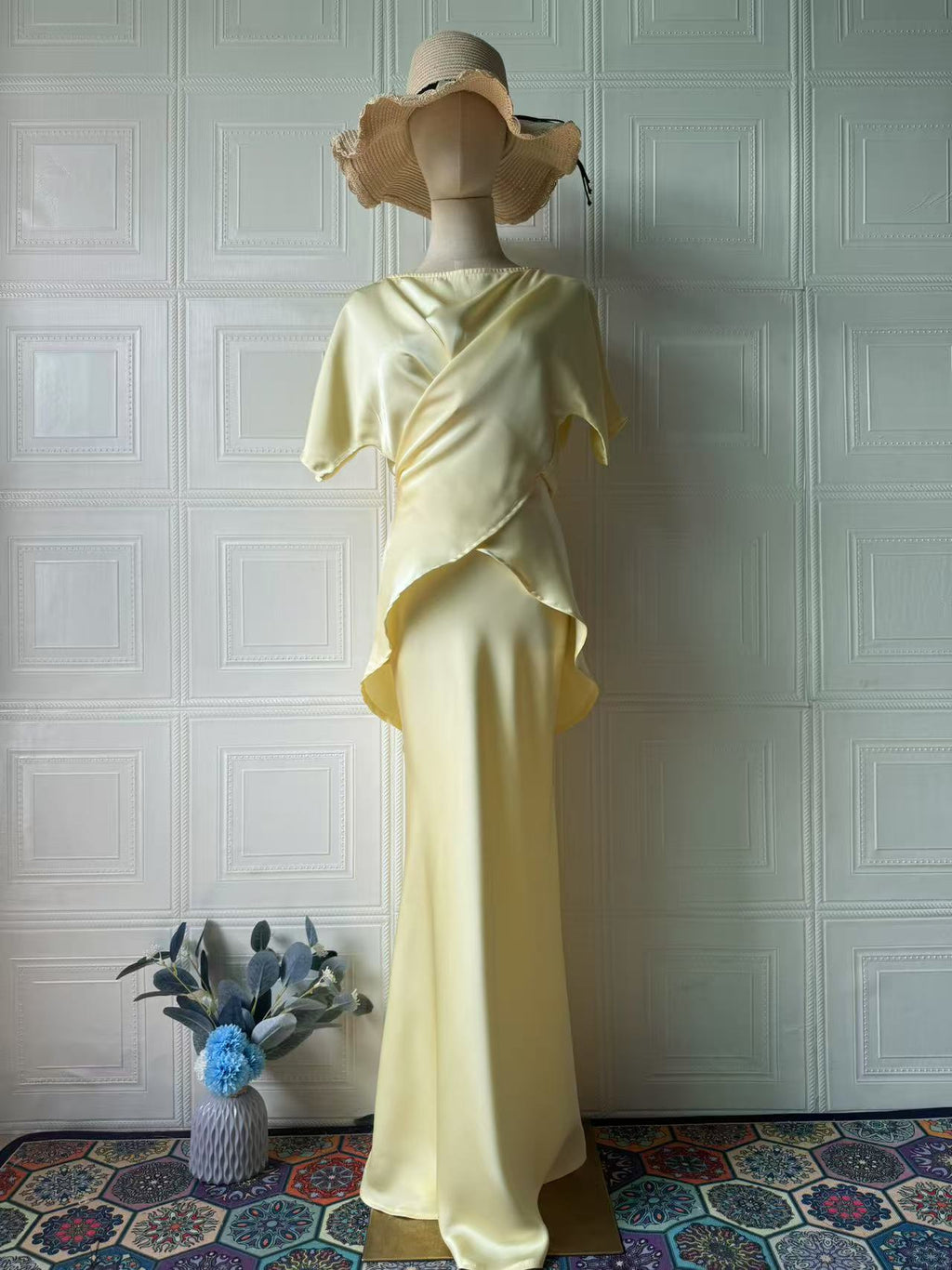 Lemon Satin Off-Shoulder Wrap Top & Maxi Skirt Set