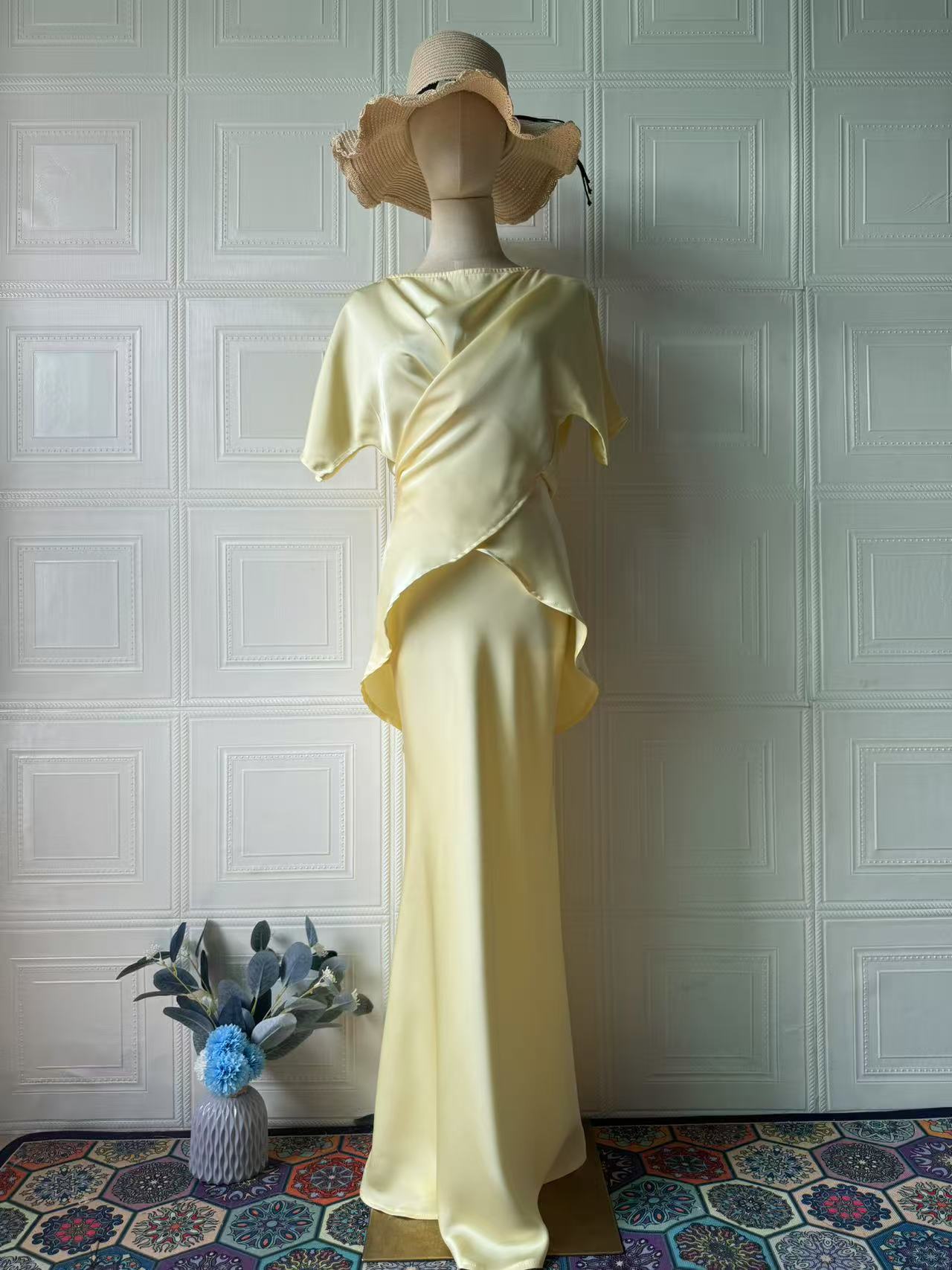 Lemon Satin Off-Shoulder Wrap Top & Maxi Skirt Set