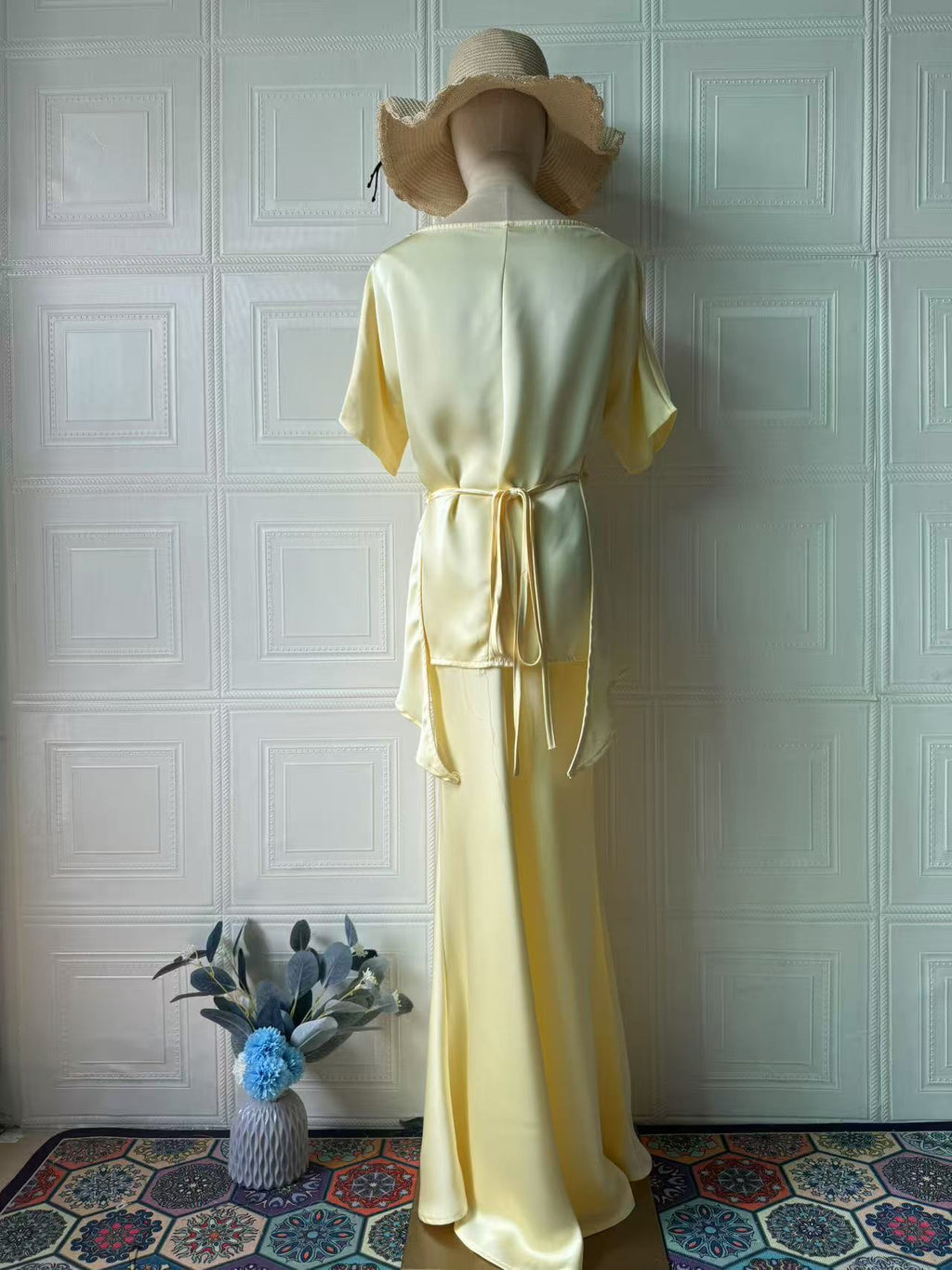 Lemon Satin Off-Shoulder Wrap Top & Maxi Skirt Set
