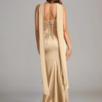 Satin Choker Neck Mermaid Gown – Asymmetric Draped Sleeve Formal Dress | Oyese