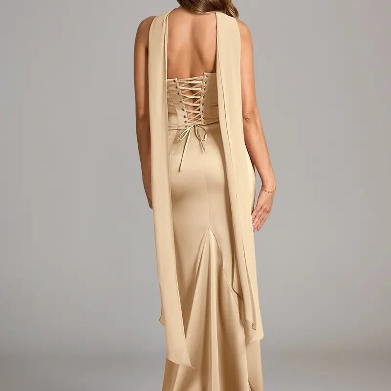Satin Choker Neck Mermaid Gown – Asymmetric Draped Sleeve Formal Dress | Oyese