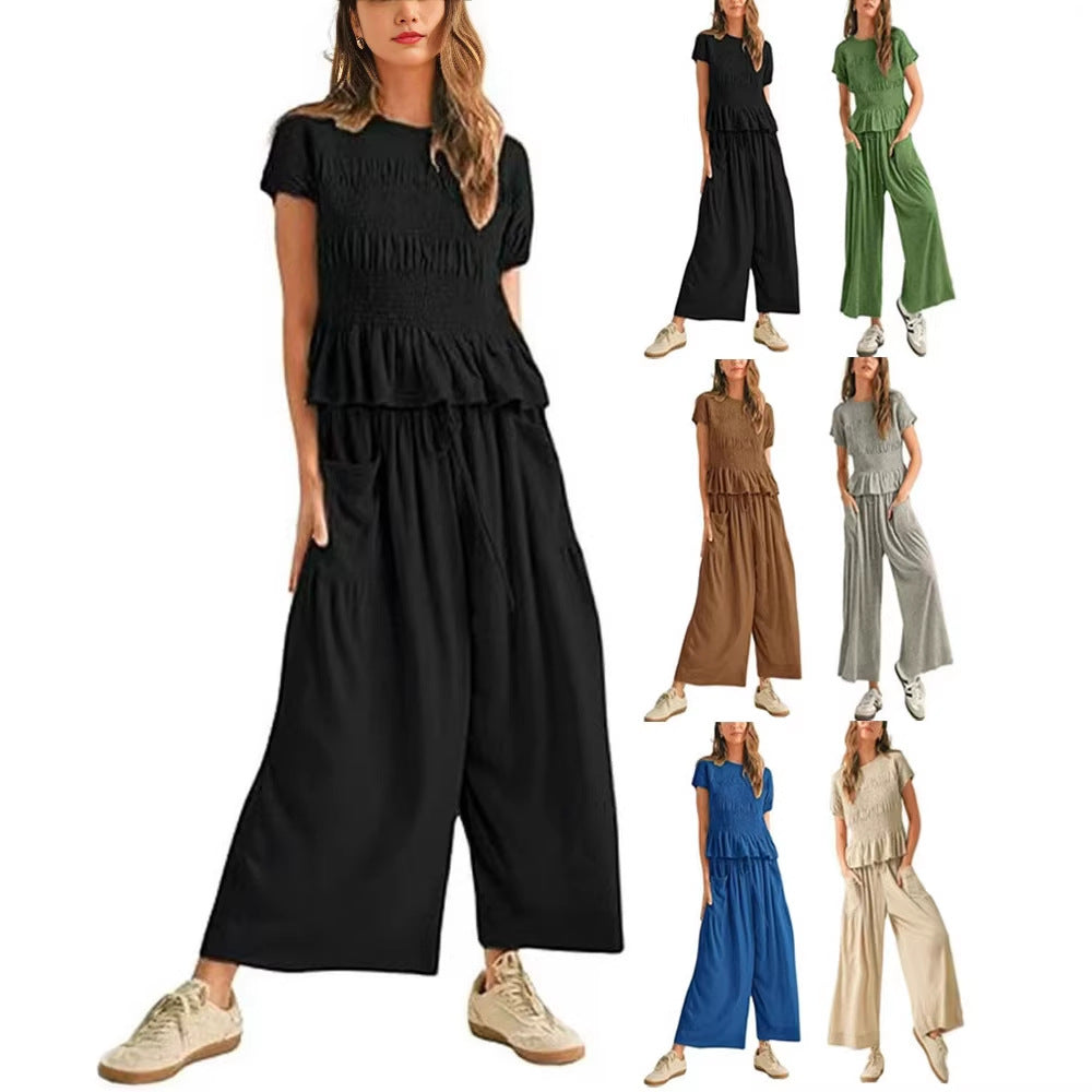 Women's 2-Piece Smocked Top & Wide-Leg Pants Set