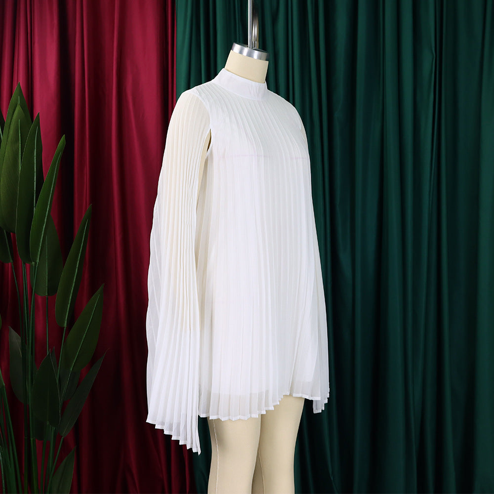Mock Neck Pleated Chiffon Cape Shift Dress | Oyese