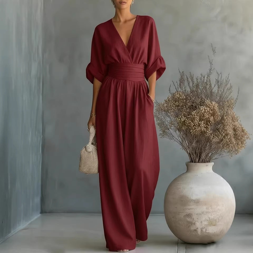 Women's Elegant V-Neck Wide-Leg Jumpsuit