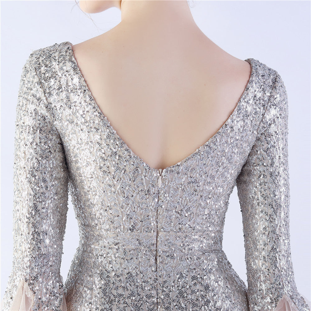 V-Neck Bell Sleeve Sequin Tulle Mermaid Evening Gown | Oyese