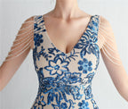 V-Neck Floral Sequin Embroidered Mermaid Evening Gown | Oyese