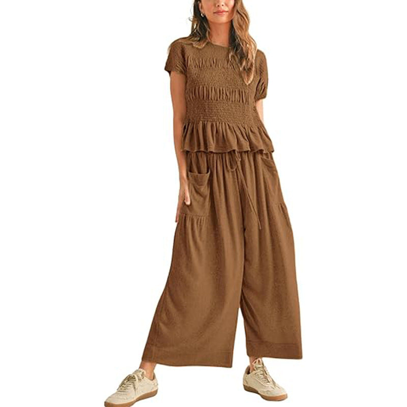 Women's 2-Piece Smocked Top & Wide-Leg Pants Set