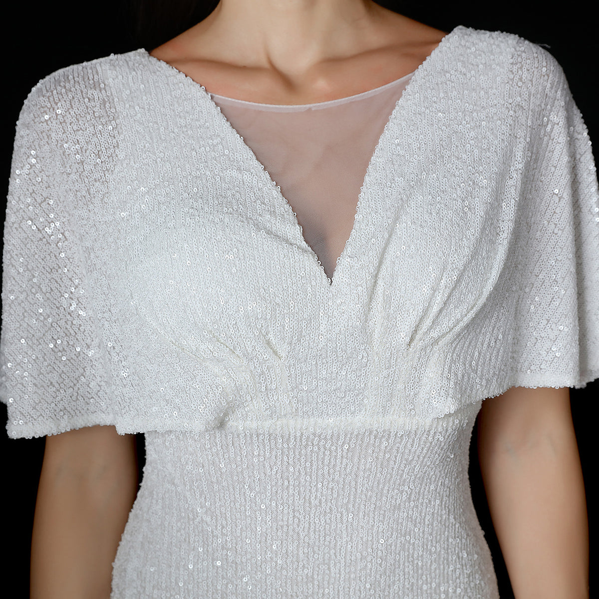 V-Neck Batwing Sleeve Sequin Mermaid Evening Gown | Oyese
