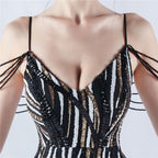 Spaghetti Strap Striped Sequin Mermaid Evening Gown | Oyese