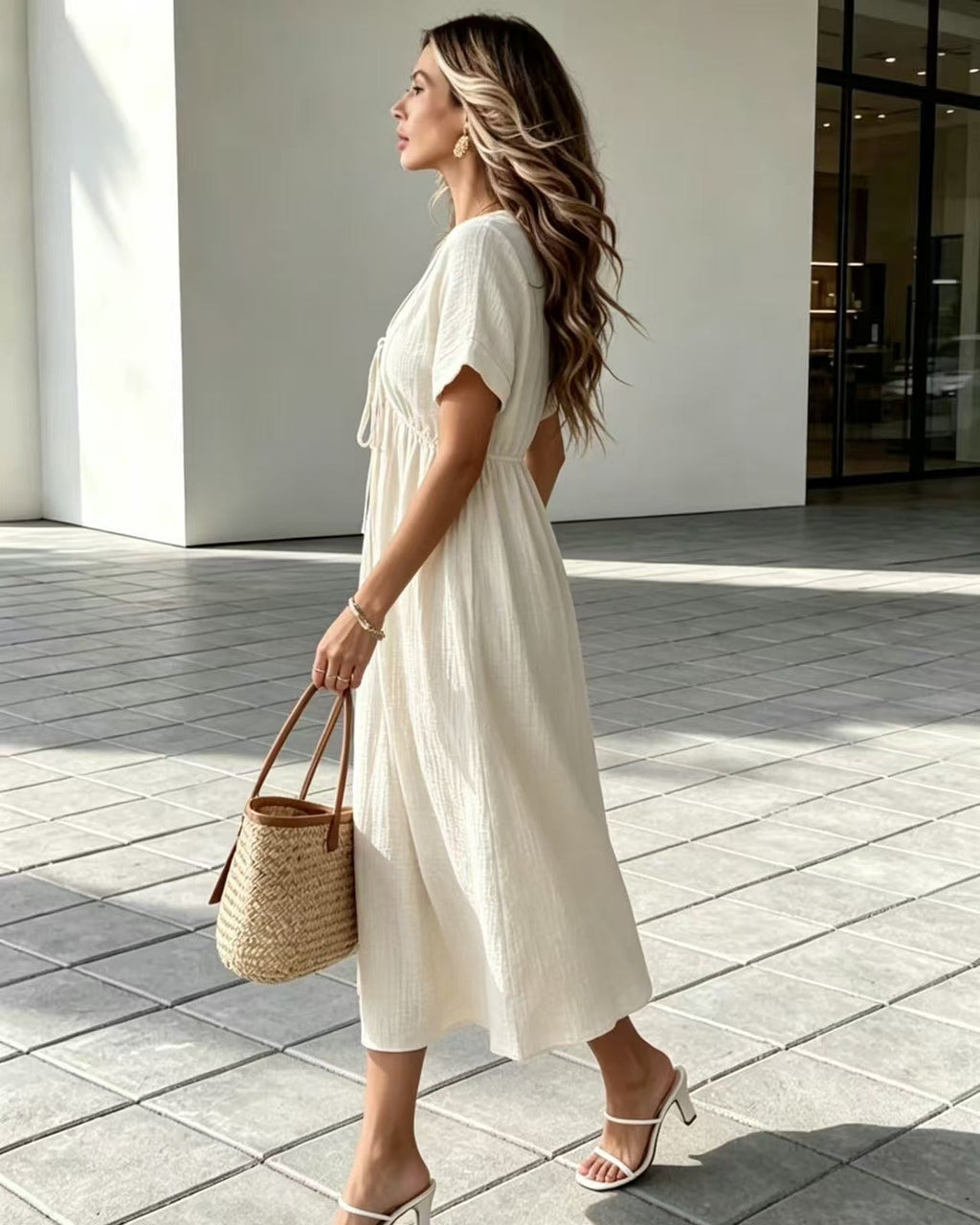 Woman in a white dress holding a straw bag on a tiled pavement.