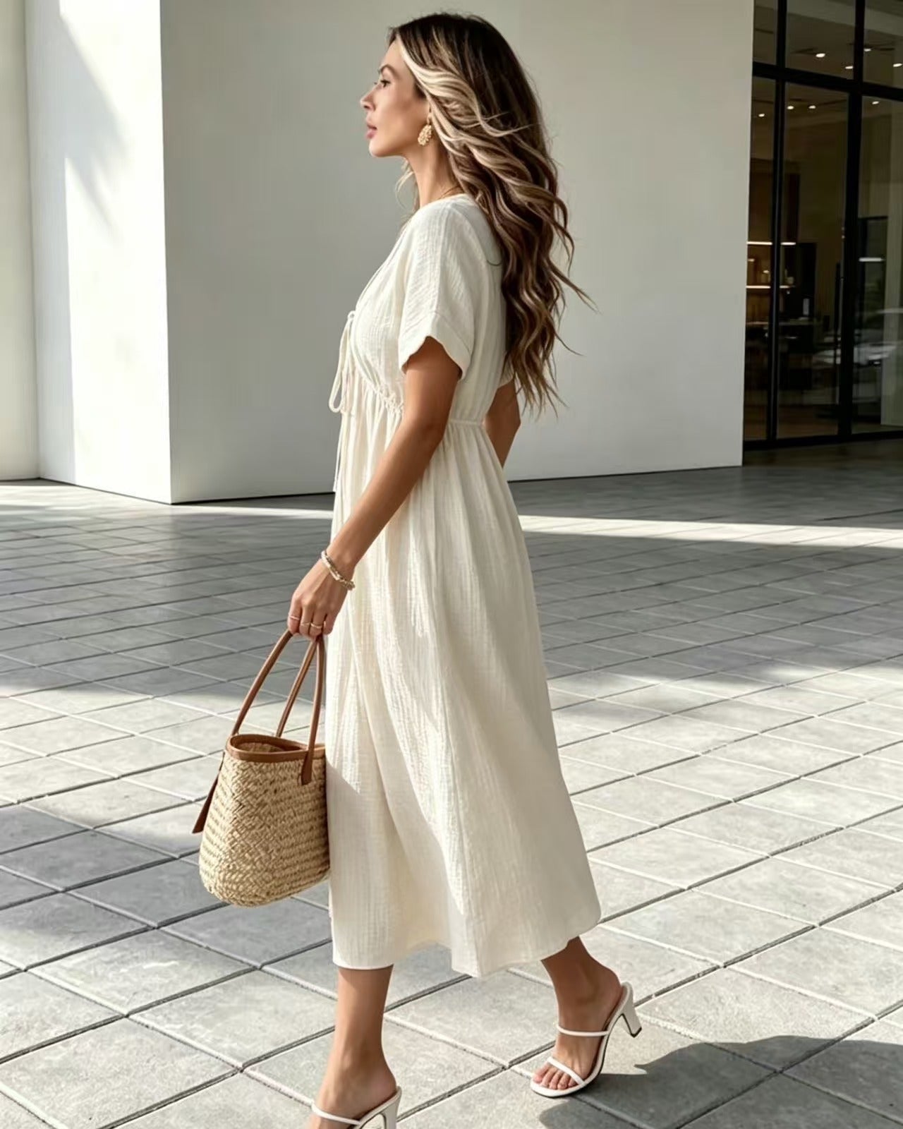 Woman in a white dress holding a straw bag on a tiled pavement.