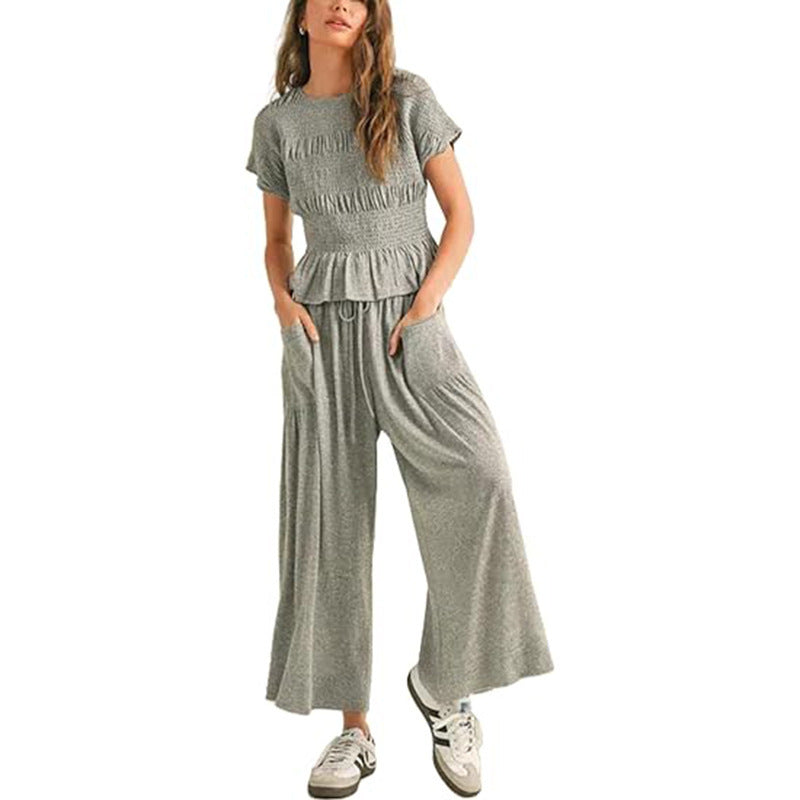 Women's 2-Piece Smocked Top & Wide-Leg Pants Set