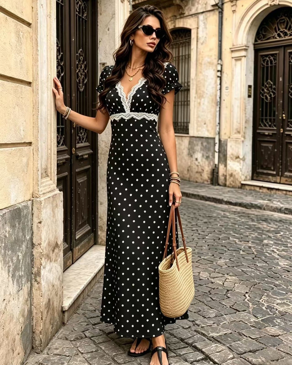 A woman stands on a cobblestone street wearing a black maxi dress with white polka dots and a white lace V-neckline. She is holding a woven straw tote bag and wearing sunglasses.